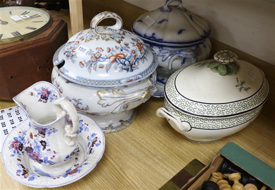 A Wedgwood creamware oval two handled tureen and cover, two Victorian Staffordshire soup tureens,